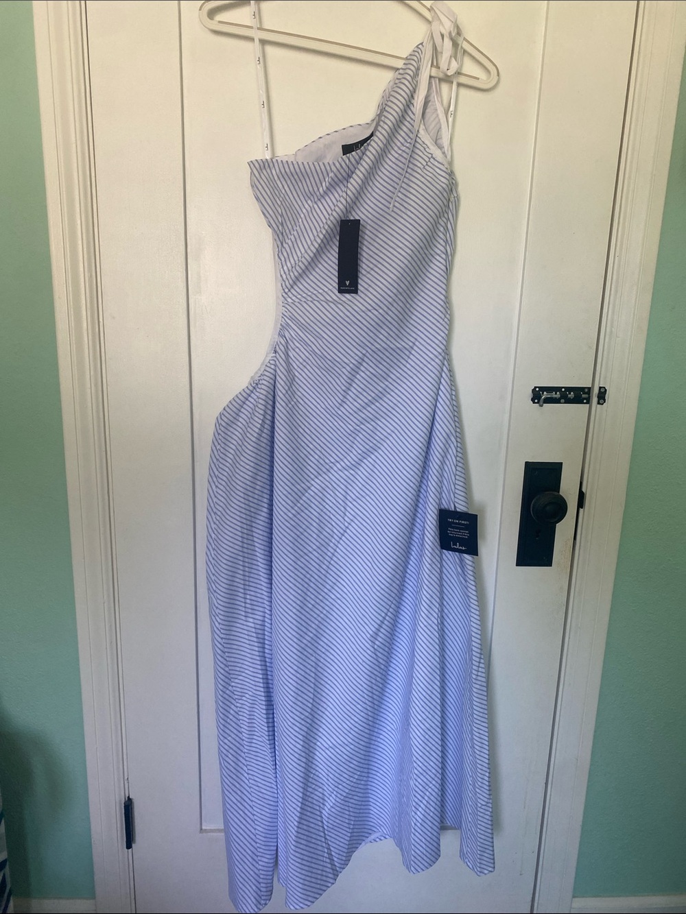 Lulus White & Blue Striped One-Shoulder Dress (Fit is more S/M in Size)